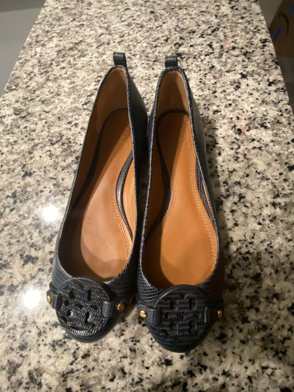 Tory Burch Navy Blue Lizard Embossed Leather Logo Ballet Flats